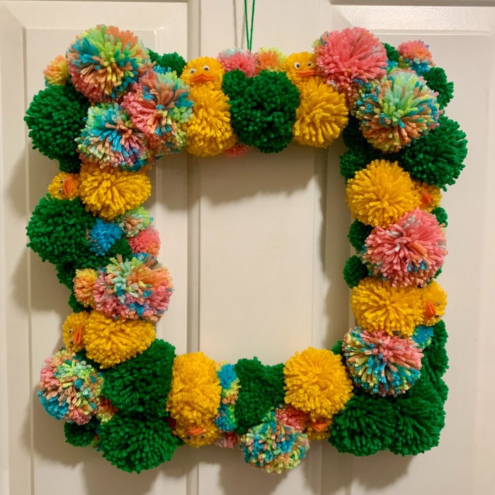 Pom Pom Yarn Easter Chicks Spring Ducks Wreath - Eggs and Grass - Spring Door De